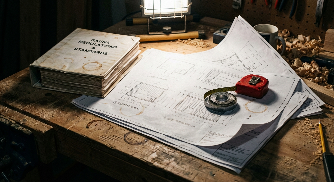 Una serie di progetti dettagliati per la costruzione di una sauna sparsi su un polveroso banco da lavoro in legno, fissati da un spesso raccoglitore di normative legali e da un metro a nastro rosso. Un'illuminazione intensa e concentrata dall'alto proietta ombre profonde. 4K, stile foto raw, dettagli elevati, profondità di campo ridotta, apertura f/2.8.