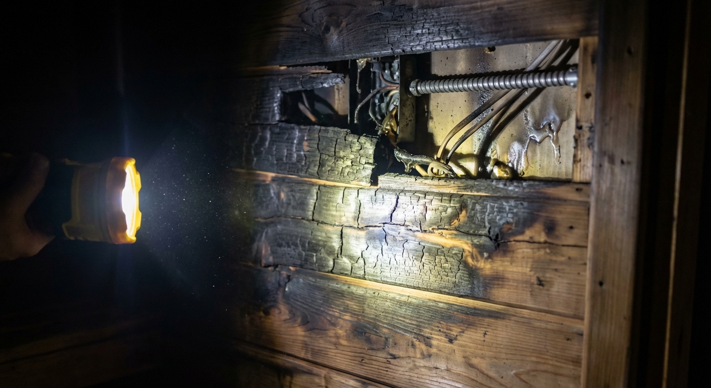 Un primo piano spontaneo di pannelli di cedro fortemente bruciati all'interno di una sauna buia e incompleta, che mostra il rischio di incendio dovuto a un errore critico di installazione. Un riflettore d'ispezione intenso illumina i dettagli delle venature del legno bruciato. 4K, apertura f/2.8, profondità di campo ridotta, stile foto raw.