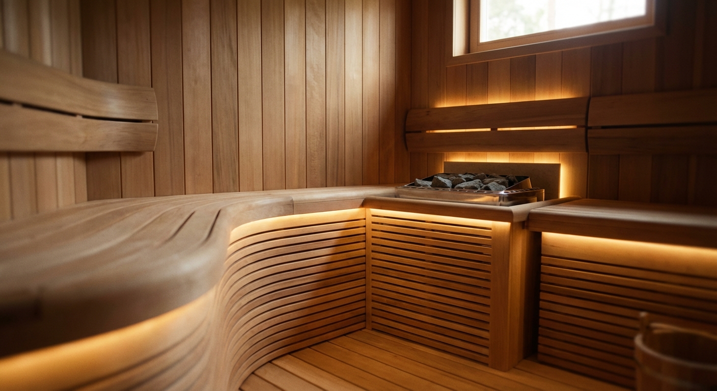 Un interno di sauna di lusso, meticolosamente realizzato, con pannelli in cedro liscio e panche ergonomiche. L'attenzione è rivolta alla sottile griglia di ventilazione nascosta e all'illuminazione a LED indiretta vicino alla stufa. Luce ambientale calda e soffusa, stile fotografico raw 4K, profondità di campo ridotta.