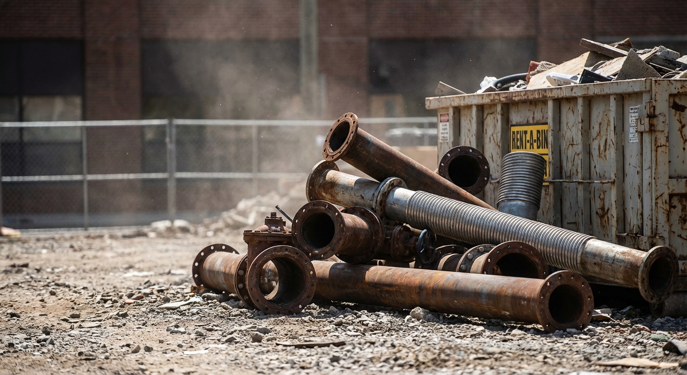 Un cumulo di costosi tubi industriali abbandonati accanto a un cassonetto per l'edilizia in un'area urbana polverosa. Il sole cocente di mezzogiorno mette in risalto il materiale di scarto. 4K, elevata definizione, ridotta profondità di campo, apertura f/2.8, stile foto raw, acquisizione spontanea di notizie.