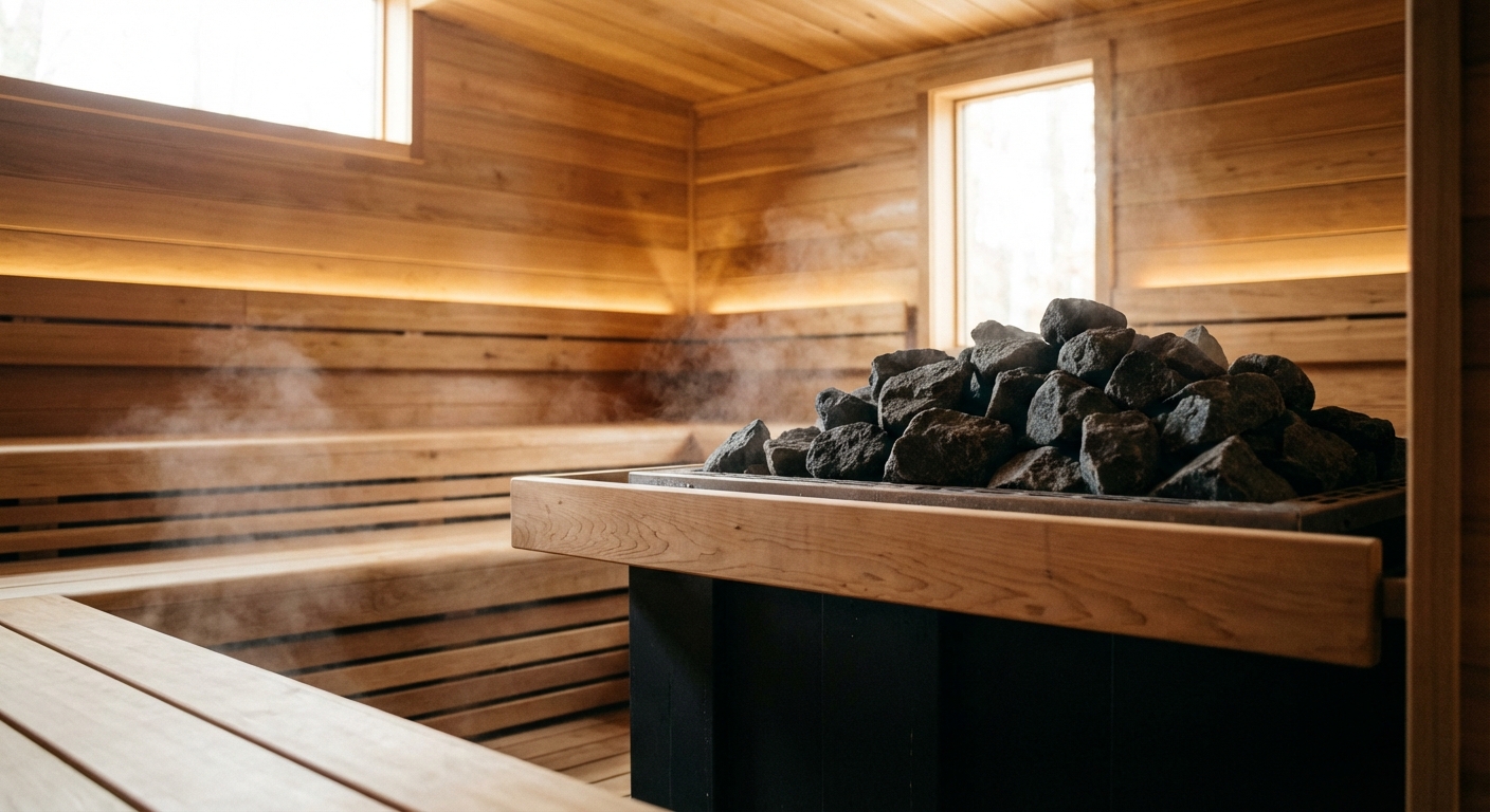 Un interno di sauna in cedro sapientemente realizzato, con incastri a maschio e femmina precisi e pietre vulcaniche scure su un'unità di riscaldamento. L'illuminazione interna calda e soffusa e il vapore che sale delicatamente sottolineano la qualità costruttiva. Stile fotografico grezzo, dettagli 4K, profondità di campo ridotta.